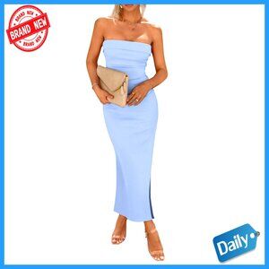 Strapless Maxi Bodycon Dress Ribbed Knit Side Slit Summer Party